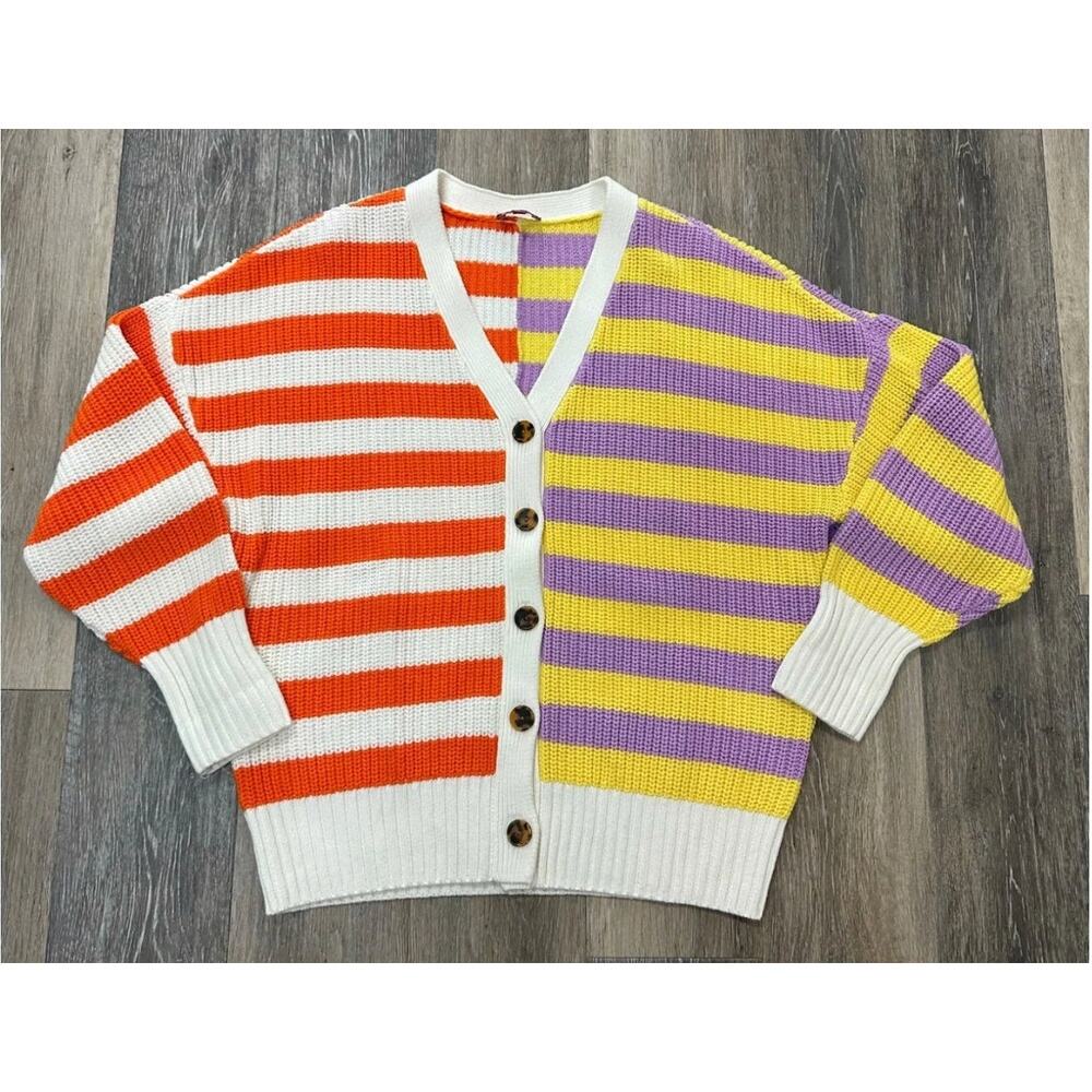 STAUD Essex Cardigan Cabana Stripe Orange Yellow Cream Purple Multi Large V-neck - Picture 6 of 16